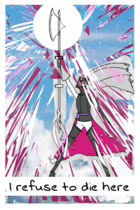 Page of the webcomic SEASCAPE. The knight fully breaks free of the tower's attack. She reaches for her axe that is shining with a bright power. She then says "I refuse to die here".