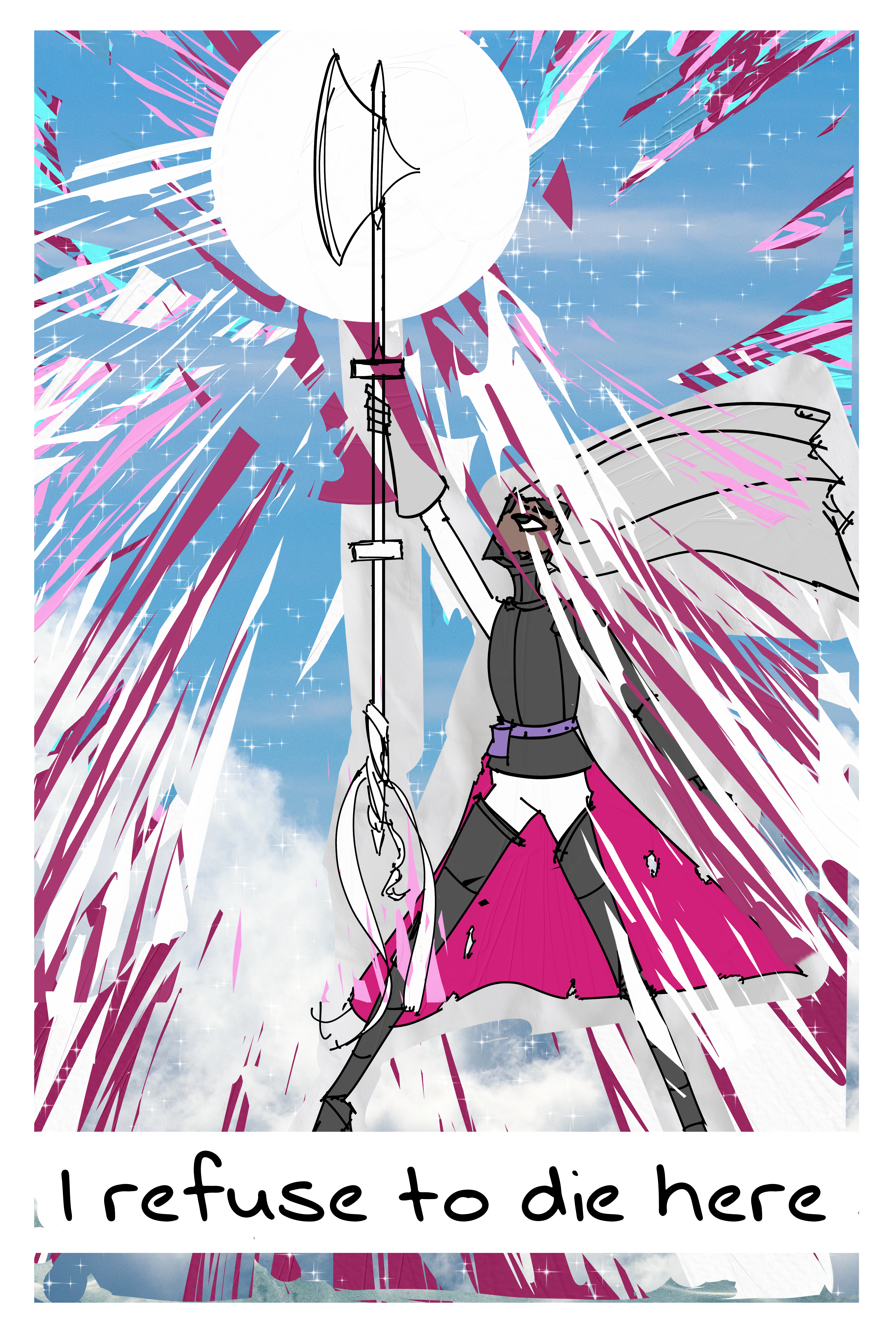 Page of the webcomic SEASCAPE. The knight fully breaks free of the tower's attack. She reaches for her axe that is shining with a bright power. She then says "I refuse to die here".