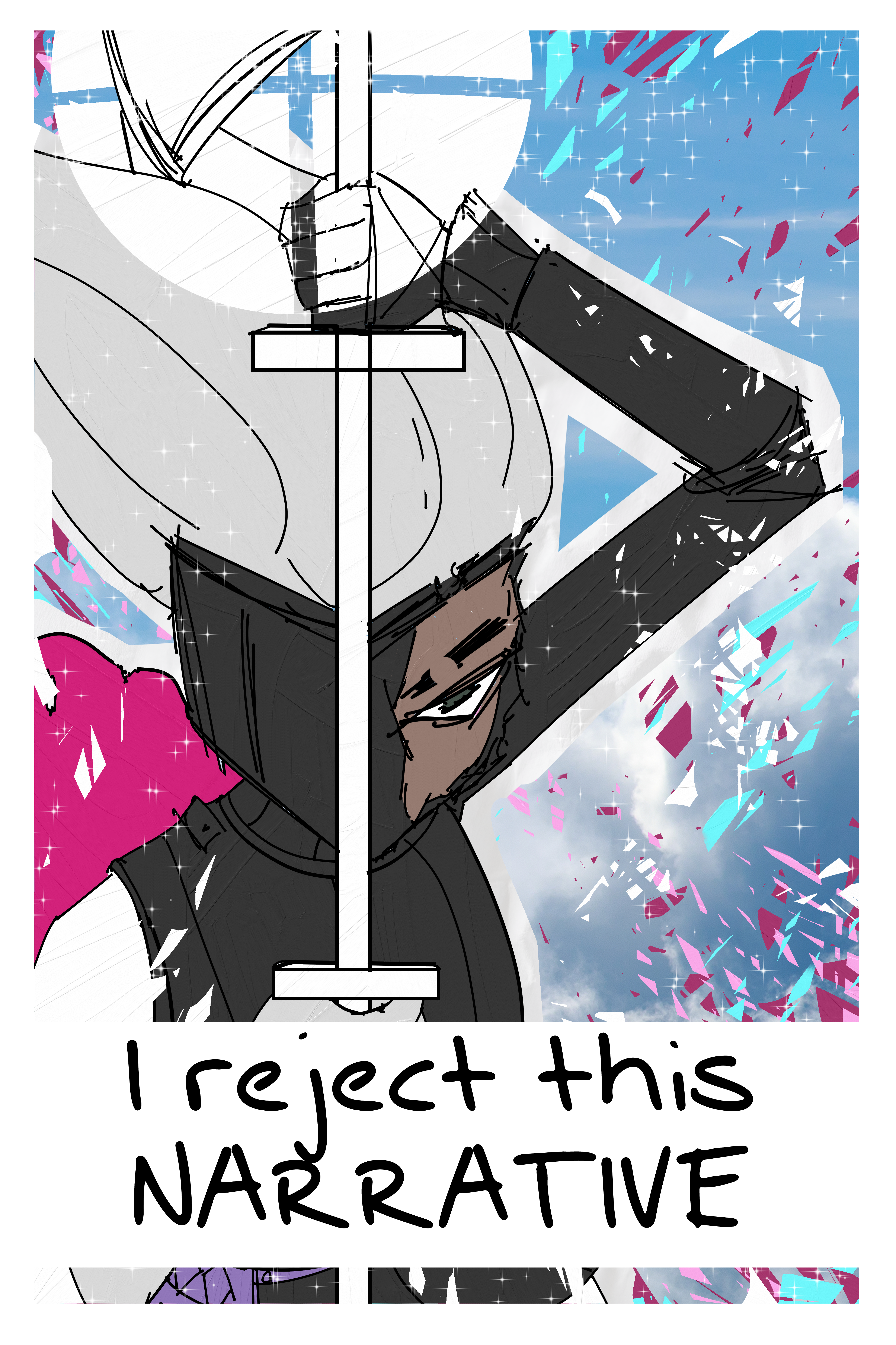 Page of the webcomic SEASCAPE. The page is a damaged knight holding a polearm. She says "I reject this NARRATIVE". The background is an abstract cloudscape.