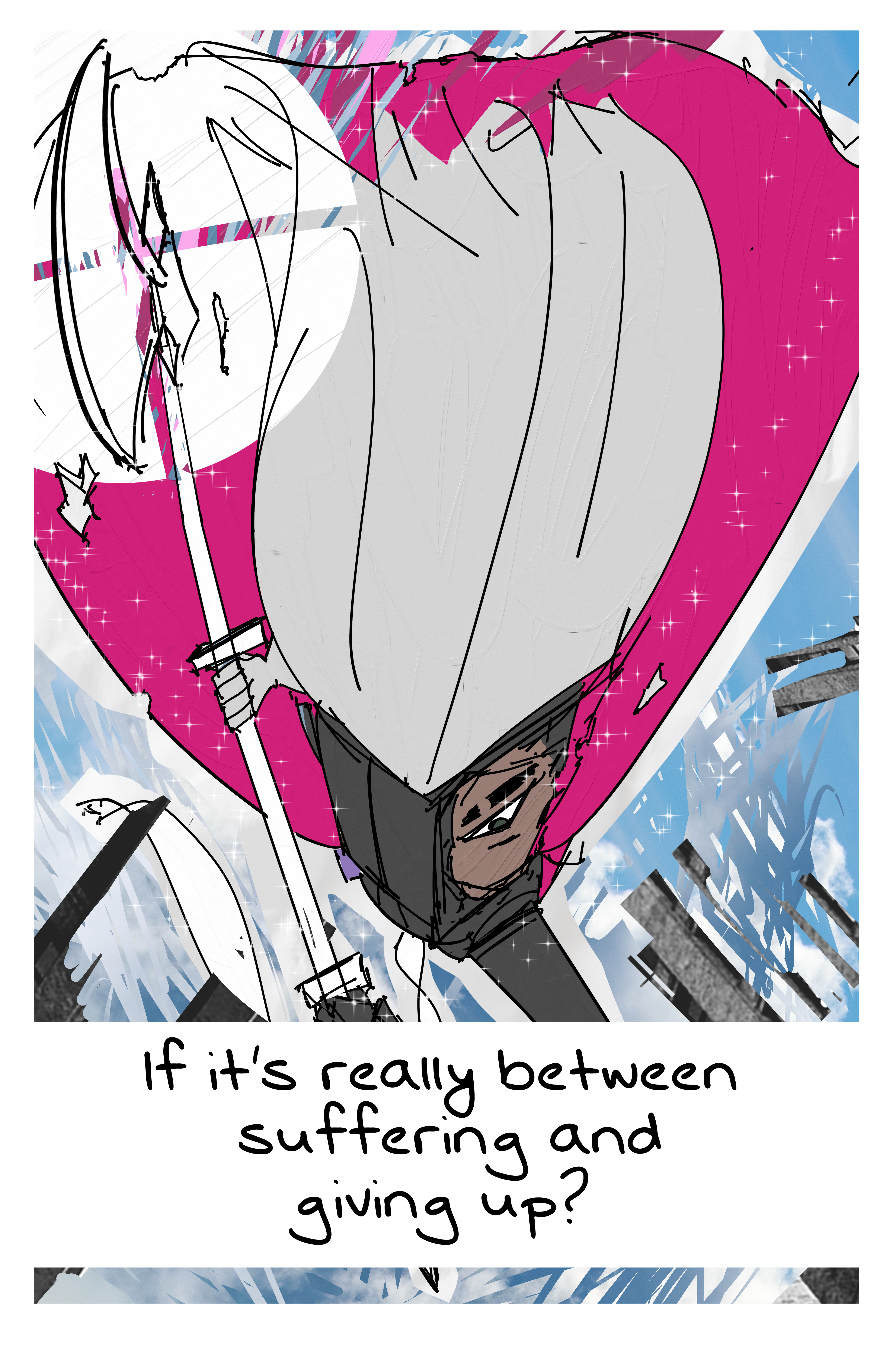 Page of the webcomic SEASCAPE. There is a knight readying her attack and dashing downwards in the air. She is saying "if I have to choose between suffering and giving up?"