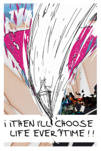 Page of the webcomic SEASCAPE. The knight is swinging downward, striking the text box and an abstract below. She is yelling " ¡THEN I'LL CHOOSE LIFE EVERYTIME!"
