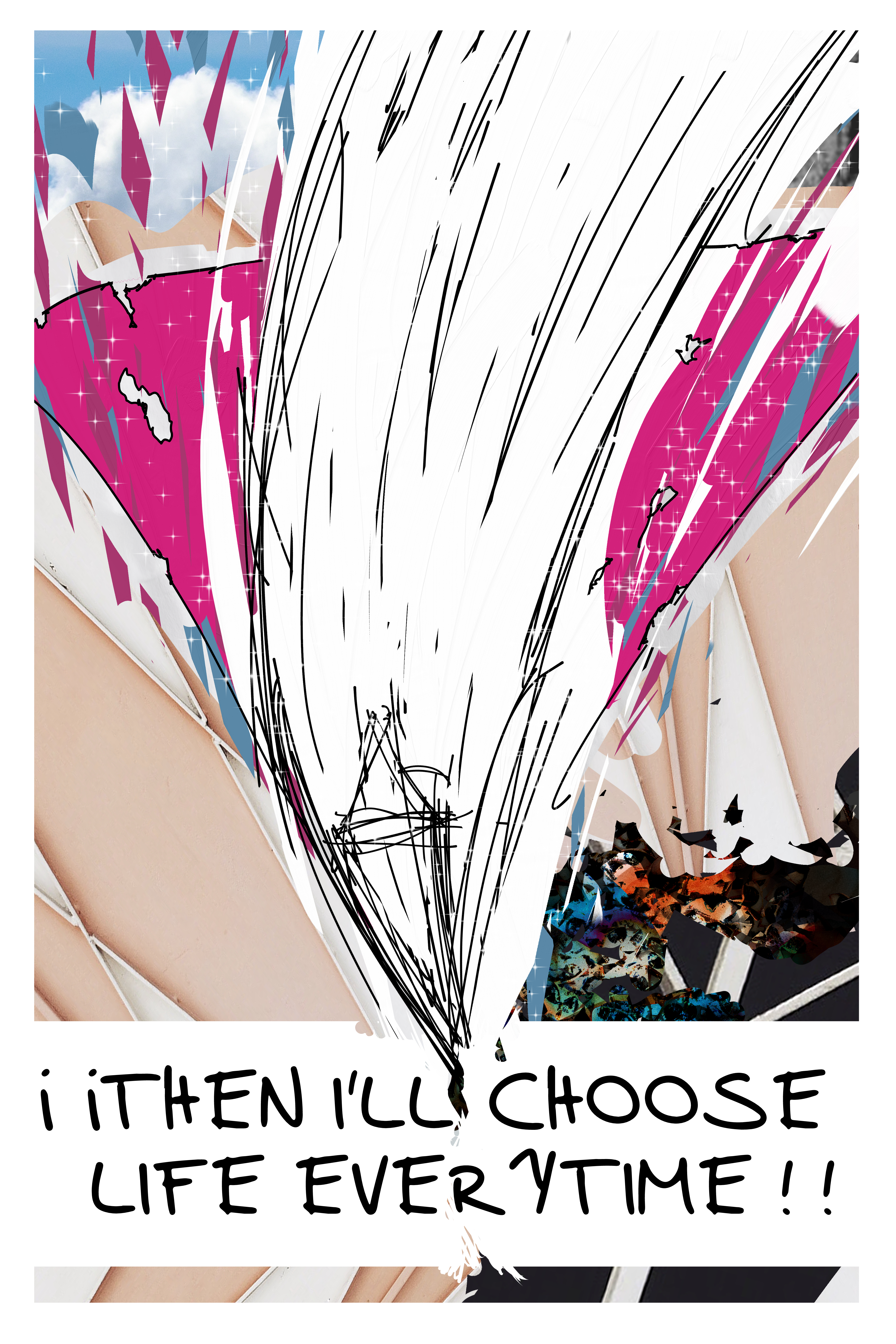 Page of the webcomic SEASCAPE. The knight is swinging downward, striking the text box and an abstract below. She is yelling " ¡THEN I'LL CHOOSE LIFE EVERYTIME!"