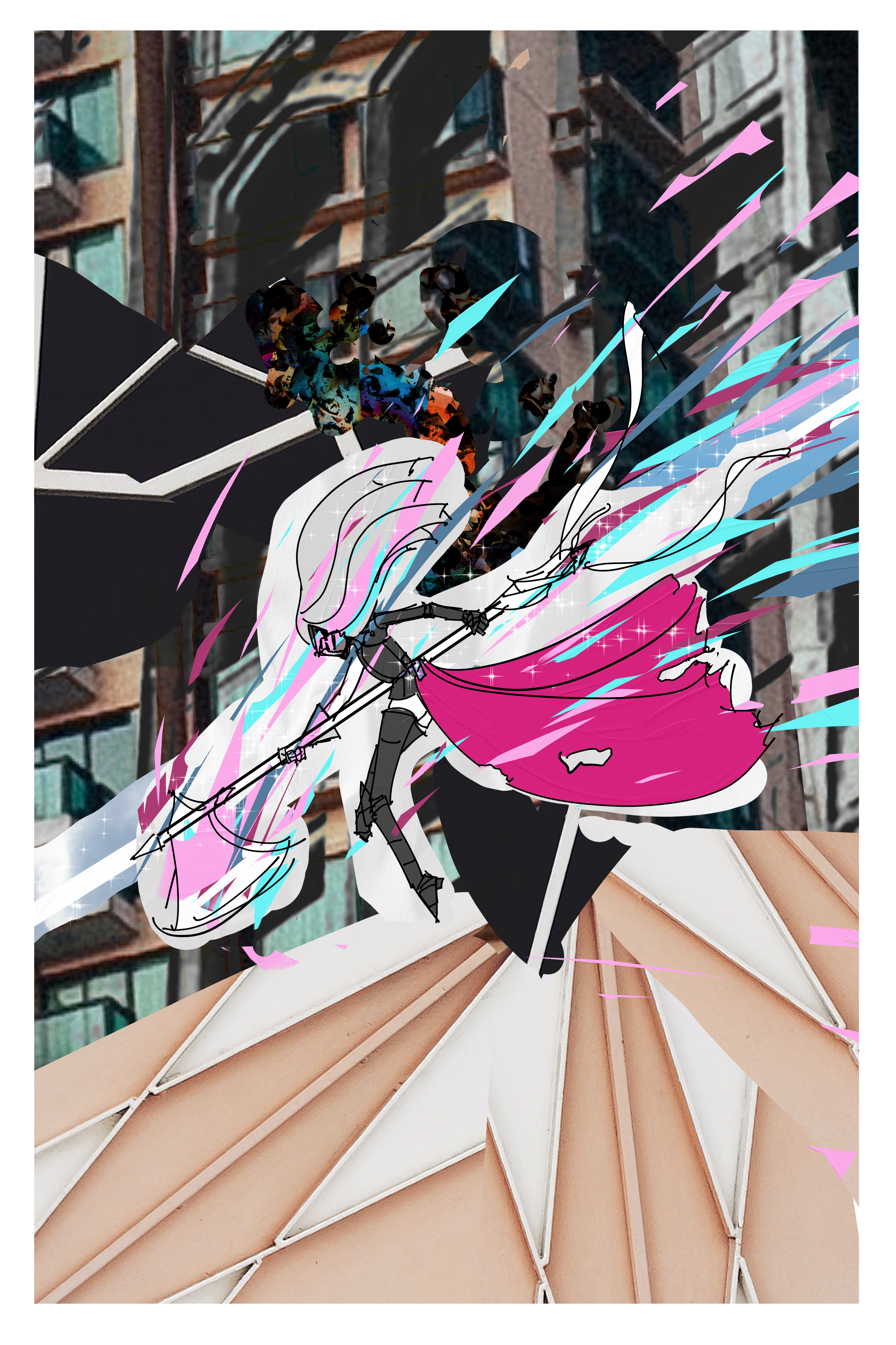 Page of the webcomic SEASCAPE. A knight is swinging a large axe and cleaving an abstract being known as the TOWER PRINCESS and the TOWER behind her in two.