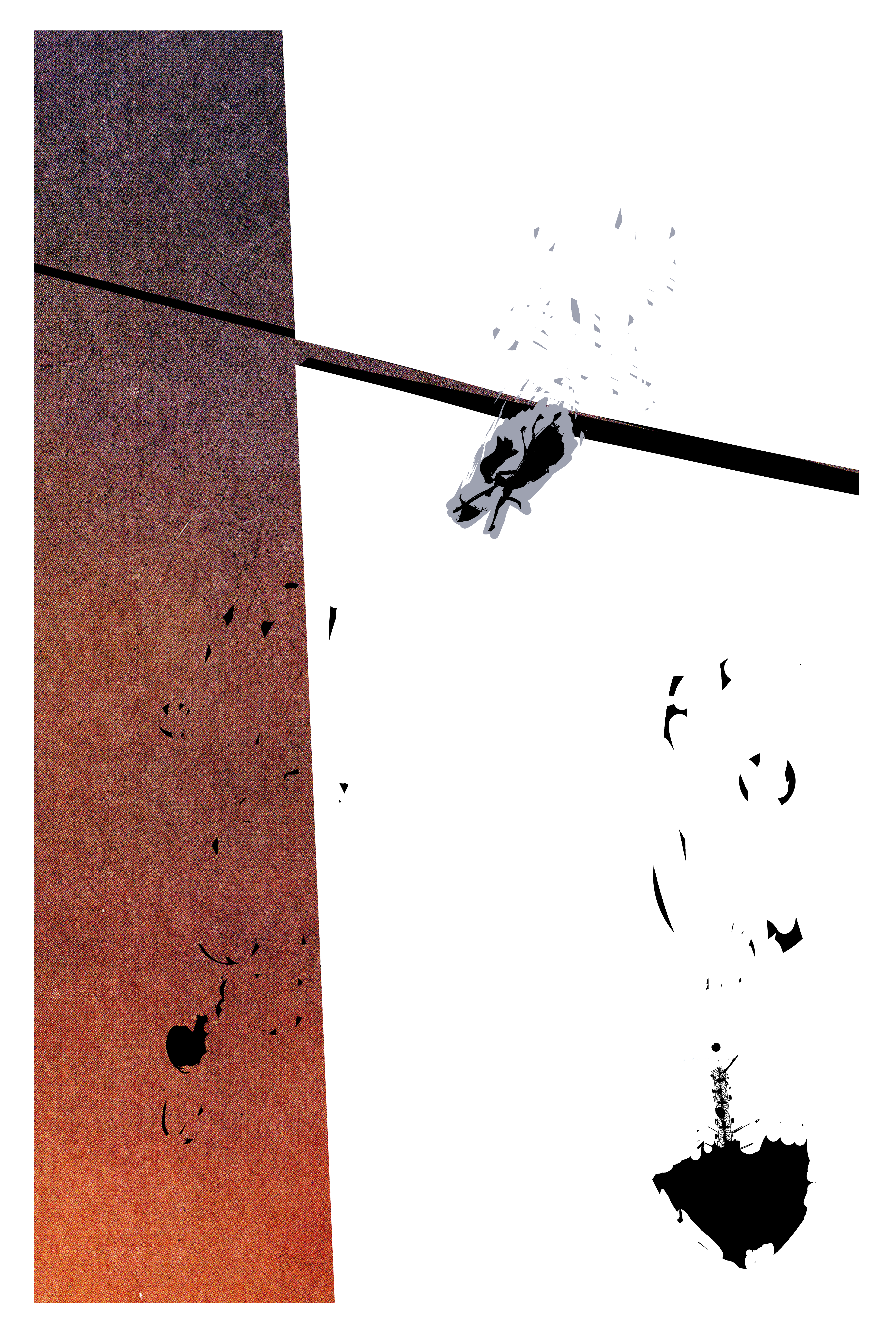 Page of the webcomic SEASCAPE. the characters are a black silhouette upon a harsh white and sunset background. The knight has cut the Tower and the Tower Princess in two. The two pieces are falling down.