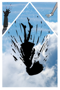 A page of the webcomic SEASCAPE. A silhouette of a woman is falling through the sky. A hand on the top right is reaching out towards the woman falling. Top left is a hand reaching up while bleeding.